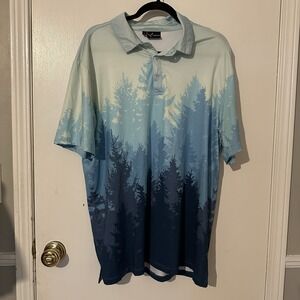 Yatta‎ Golf Performance Shirt XL Men Blue Forest Evergreen Trees Short Sleeve